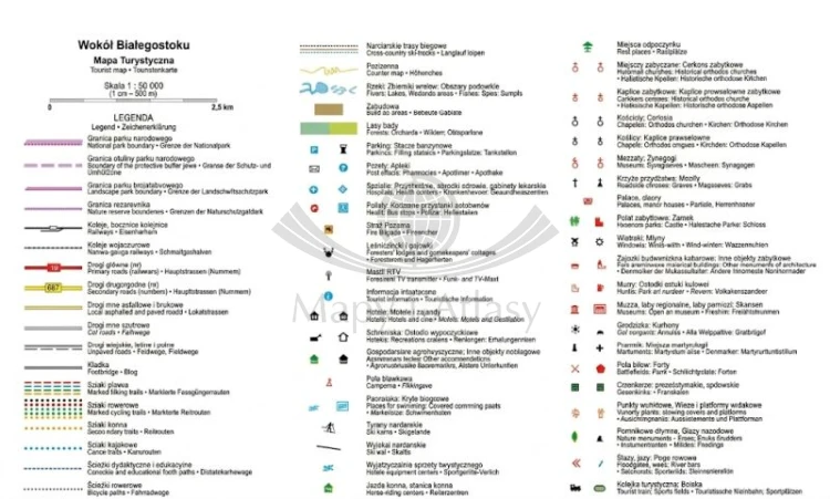 Wokół Białegostoku 1:50 000. Laminowana mapa turystyczna. TD Mapy. Legenda