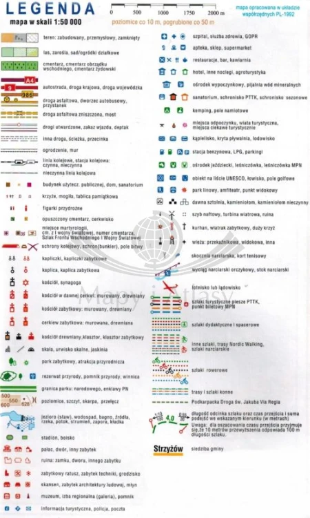 Pogórze Strzyżowskie. Jasło, Krosno, Dukla. Laminowana mapa turystyczna wydawnictwa Compass. Legenda