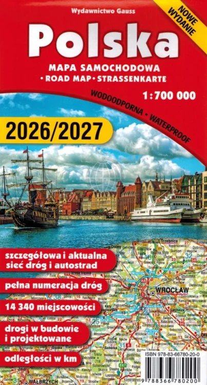 Polska 1:700 000. Laminowana mapa samochodowa wydawnictwa Gauss. Okładka