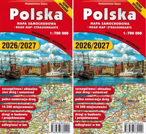 Polska 1:700 000. Zestaw: 2 x laminowana mapa samochodowa. Gauss