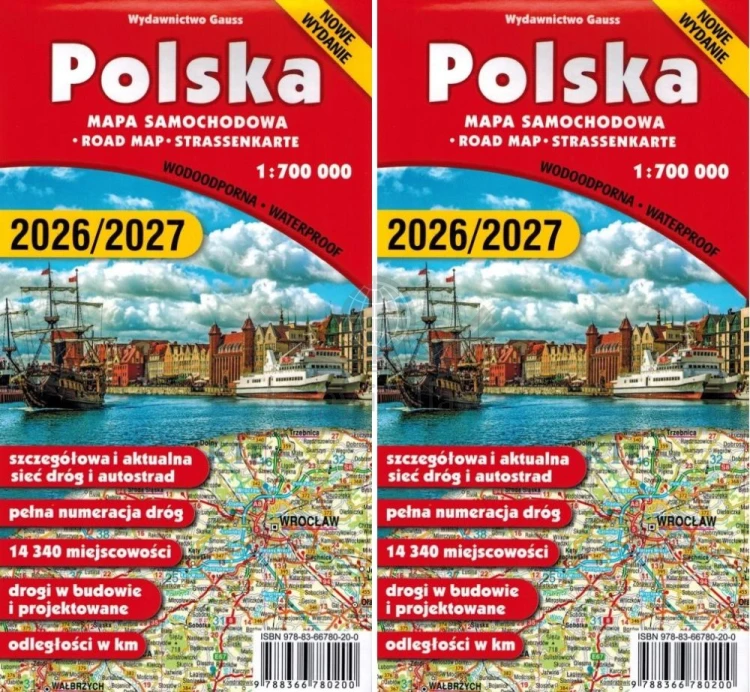 Polska 1:700 000. Zestaw: 2 x laminowana mapa samochodowa. Gauss