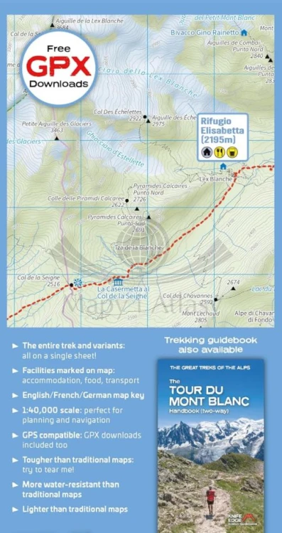 Tour du Mont Blanc 1:40 000. Wodoodporna mapa turystyczna. Knife Edge. Okładka tył
