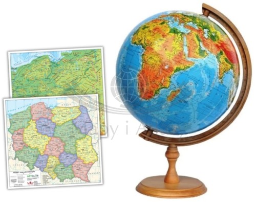 Globus fizyczny 32 cm + administracyjno-fizyczna mapa Polski. Drewniana podstawa