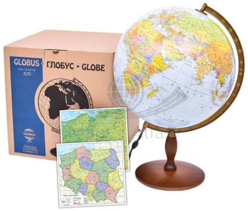 Globus polityczno-fizyczny 42 cm + aplikacja + administracyjno-fizyczna mapa Polski. Podświetlany. Drewniana podstawa (id_ 2561).jpg