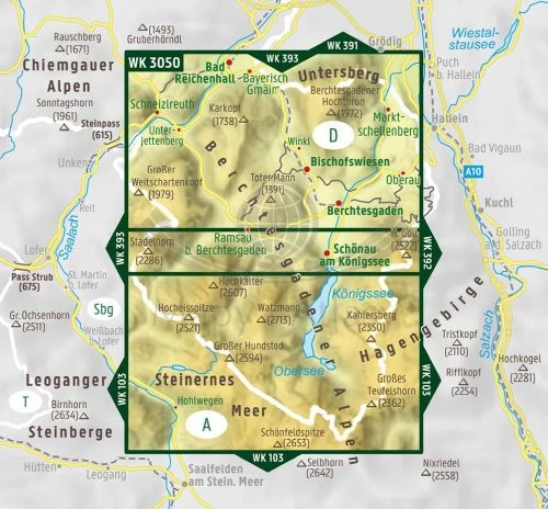 Berchtesgaden, Bad Reichenhall, Konigssee / Jezioro Królewskie, Bawaria. Mapa turystyczna WKXL 3050 wydawnictwa Freytag & Berndt. Zasięg