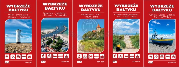 Wybrzeże Bałtyku. Zestaw 5 map turystycznych wydawnictwa ArtGlob. Komplet