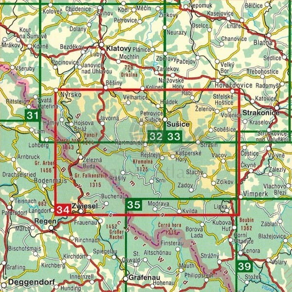 Szumawa / Sumava - Zeleznorudsko, Povydri, Churanov. Mapa turystyczna 34 wydawnictwa Shocart. Zasięg