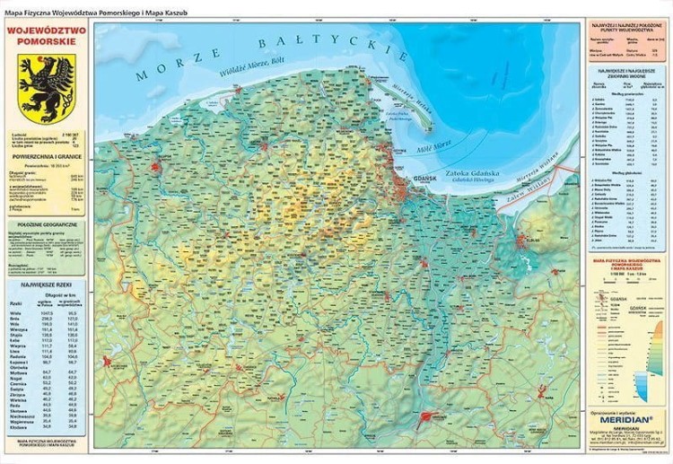 Województwo pomorskie. Mapa ścienna fizyczna wydawnictwa Meridian