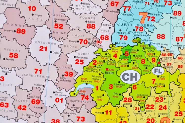 Europa. Mapa ścienna z kodami pocztowymi wydawnictwa Way-OK. Podgląd fragmentu mapy.