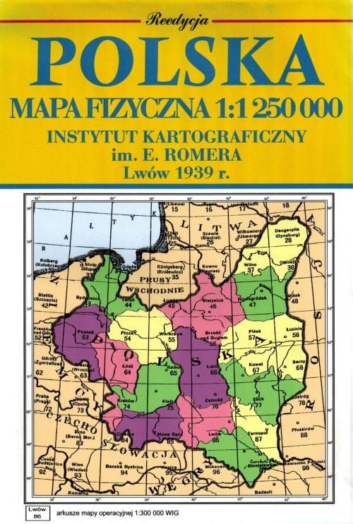 Polska mapa fizyczna 1:1 250 000. Reedycja. Lwów 1939 r. Okładka tył