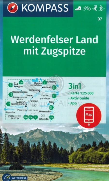 Werdenfelser Land mit Zugspitze. Wodoodporna mapa turystyczna wydawnictwa Kompass. Okładka