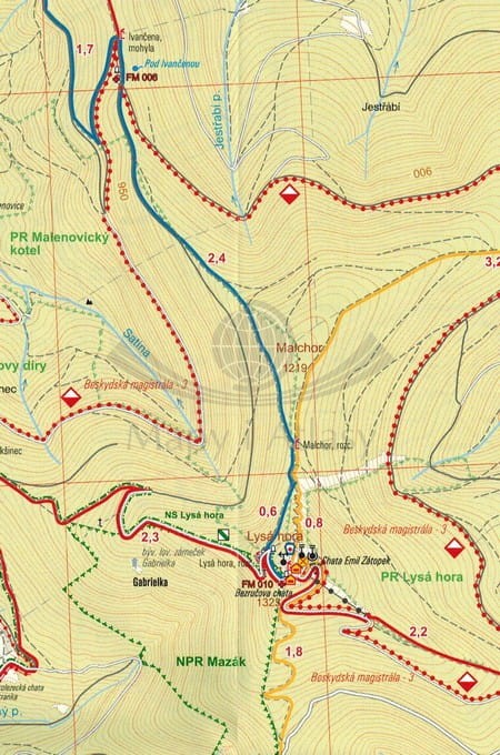 Beskydy Sever. Mapa turystyczna 97 wydawnictwa Geodezie On Line. Fragment 2