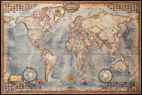 Świat 1:33 000 000. Mapa stylizowana "antyczna" z flagami. Wersja do wpinania