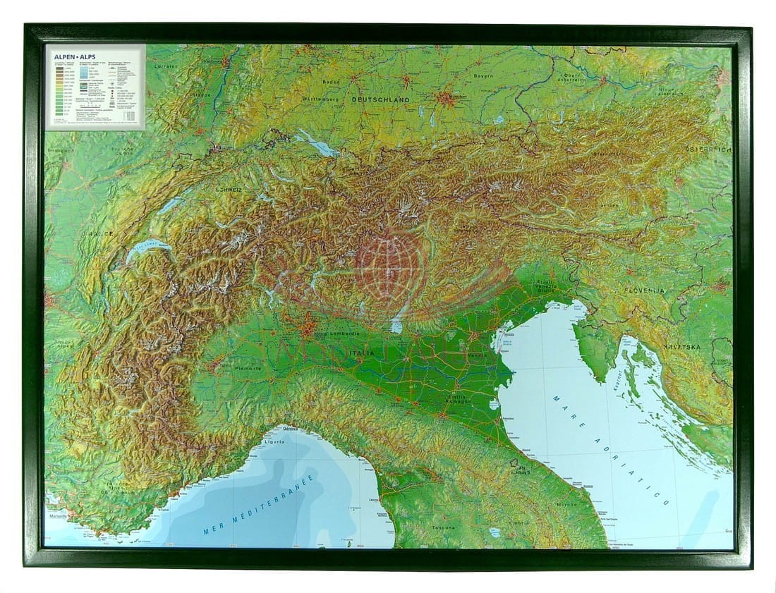 Alpy 1:1 200 000. Mapa plastyczna (trójwymiarowa). Rama drewniana