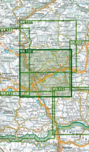 Graz i okolice. Region Hugelland-Schocklland, Gleisdorf, Weiz, Raabklamm. Mapa turystyczna wydawnictwa Freytag & Berndt. Zasięg