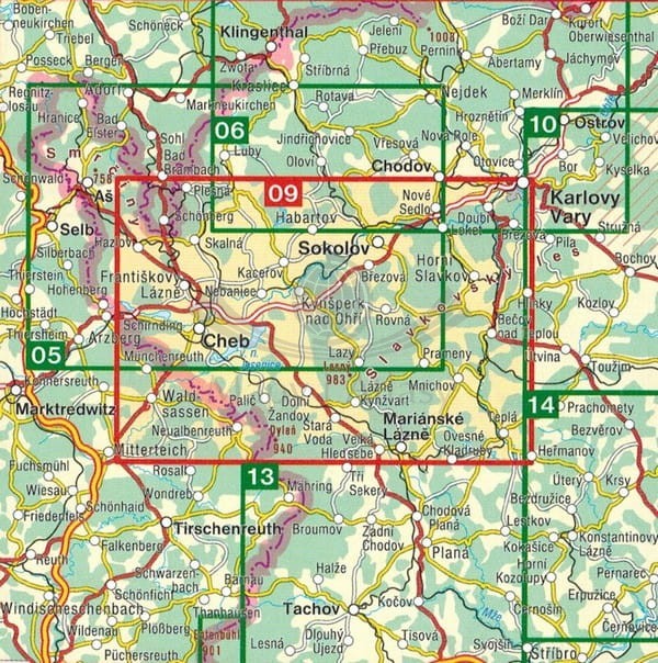 Zachodnioczeskie Uzdrowiska, Las Sławkowsk mapa turystyczna wydawnictwa Shocart. Zasięg