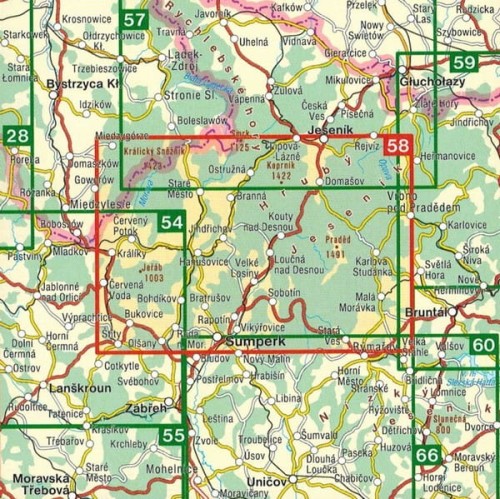 Jesioniki, Pradziad, Kralicki Śnieżnik / Jeseniky. Mapa turystyczna wydawnictwa Shocart. Zasięg