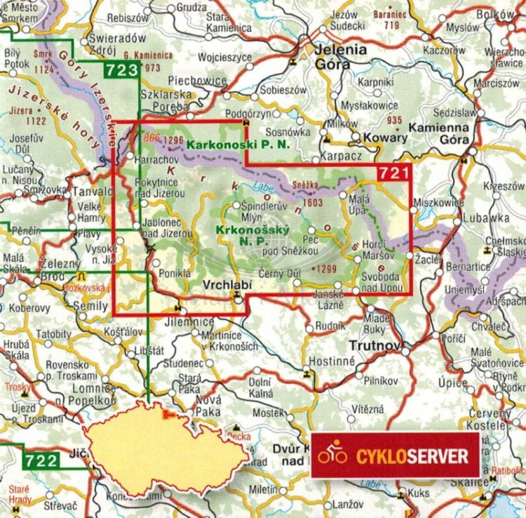 Karkonosze 1:25 000. Mapa turystyczna 721 wydawnictwa Shocart. Zasięg