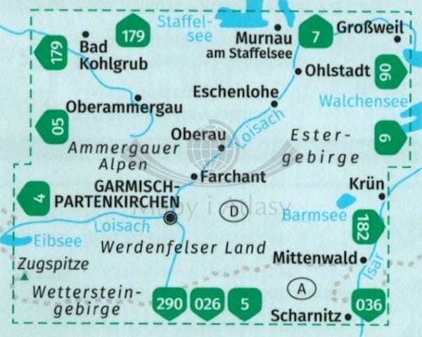 Werdenfelser Land mit Zugspitze. Wodoodporna mapa turystyczna wydawnictwa Kompass. Zasięg