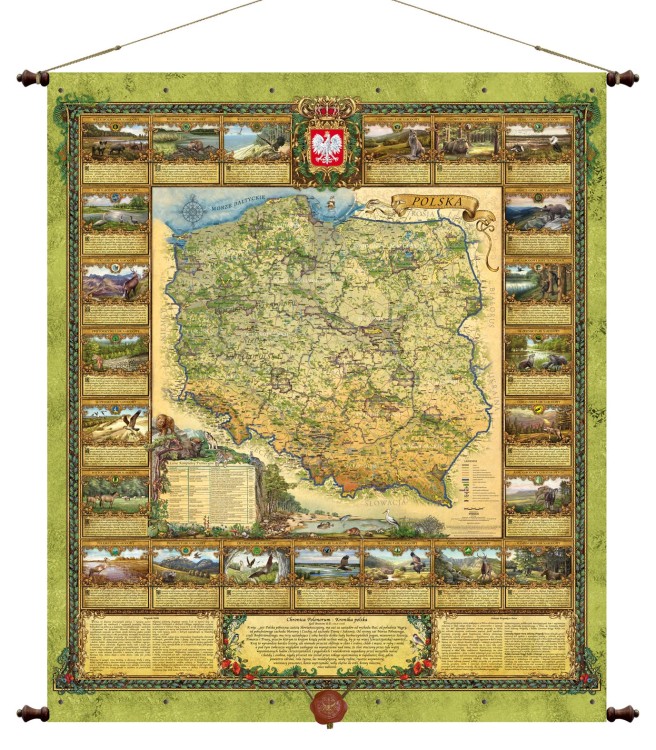 Polska. Mapa ścienna ozdobna przyrody. Pergamena. Całość