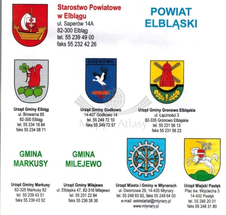 Województwo warmińsko-mazurskie / Warmia i Mazury. Mapa administracyjno-turystyczna wydawnictwa BiK. Herby - fragment