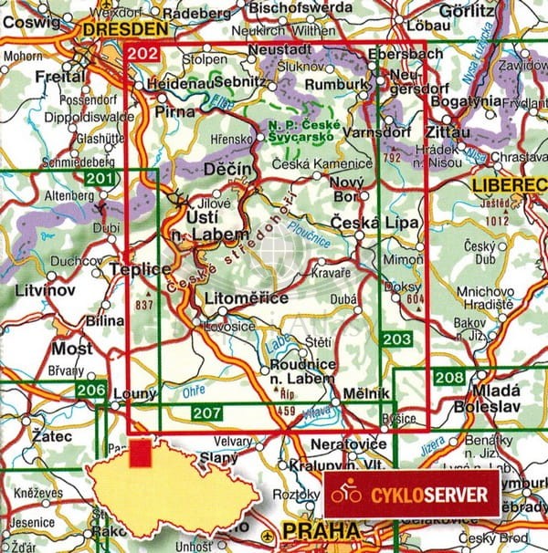 Czeska Szwajcaria, Średniogórze Czeskie. Mapa turystyczna 202 wydawnictwa Shocart. Zasięg