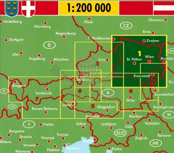 Dolna Austria. Wiedeń. Mapa samochodowo-turystyczna wydawnictwa Freytag & Berndt. Zasięg