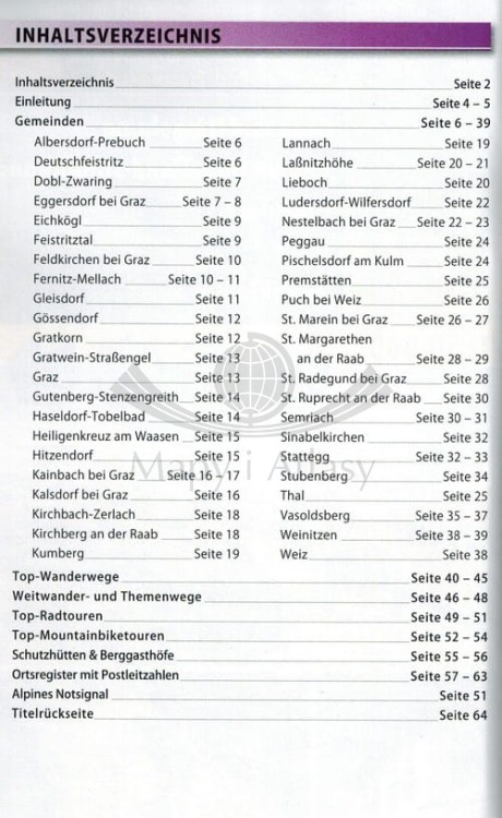 Graz i okolice. Region Hugelland-Schocklland, Gleisdorf, Weiz, Raabklamm. Mapa turystyczna wydawnictwa Freytag & Berndt. Mini przewodnik - spis treści