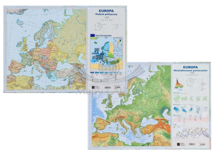 Europa. Mapa polityczna i fizyczna. Podkładka na biurko. Dwie strony