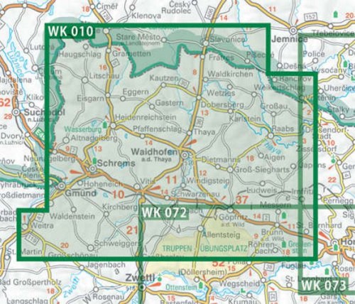 Dolna Austria, część północna / Nordliches Waldviertel, Gmund, Heidenreichstein, Litschau, Waidhofen a.d. Thaya, Raabs. Mapa turystyczna WK 010. wydawnictwaFreytag & Berndt. Zasięg