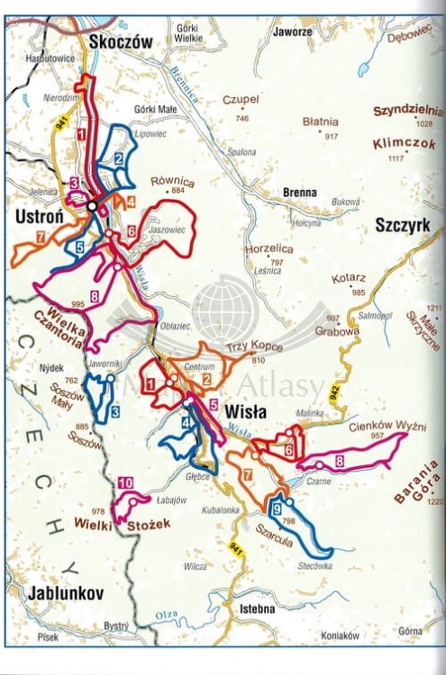 Ustroń i Wisła. Miniprzewodnik turystyczny wydawnictwa Compass. Mapa opisanych tras