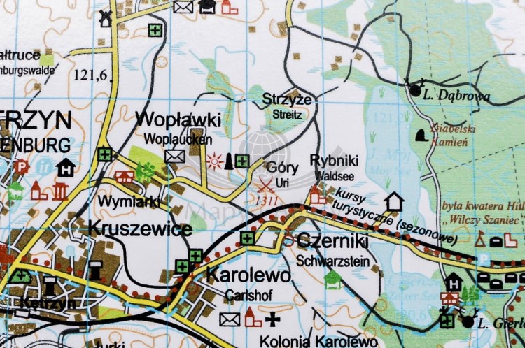 Mazury / Wielkie Jeziora Mazurskie. Mapa w ramie drewnianej. Fragment 3