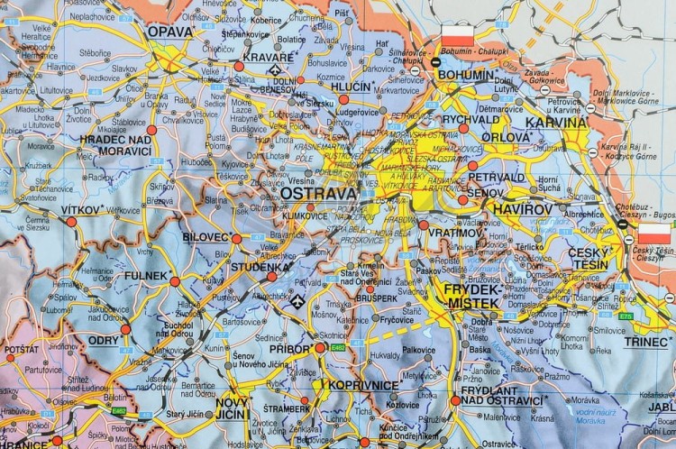 Czechy. Mapa ścienna administracyjno-drogowa. Fragment 3