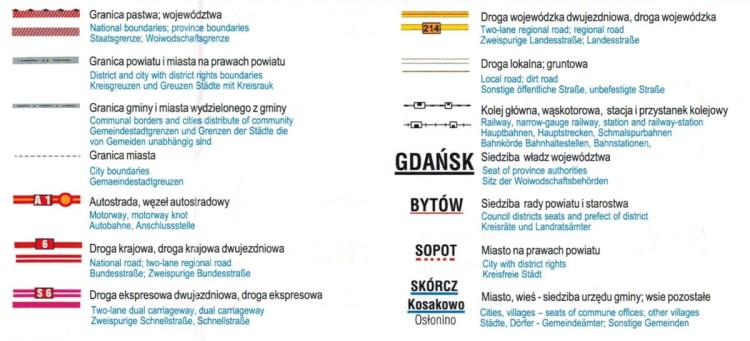 Województwo pomorskie / Pomorze 1:280 000. Laminowana mapa administracyjno-turystyczna wydawnictwa BiK. Legenda 1