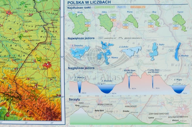 Polska. Mapa fizyczna i administracyjna. Podkładka na biurko. Fragment 10