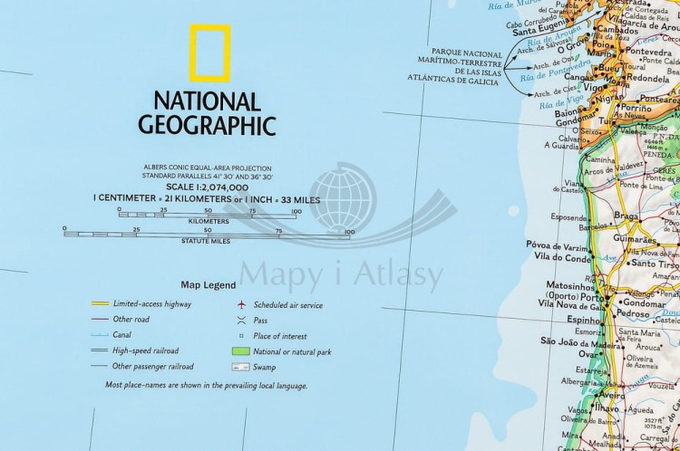 Hiszpania i Portugalia 1:2 074 000. Mapa w ramie drewnianej. Wydawnictwo: National Geographic. Legenda