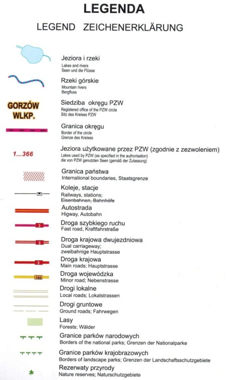Mapa wód wędkarskich. Okręg Gorzowski wydawnictwa BiK. Legenda