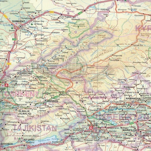 Uzbekistan, Kirgistan, Tajikistan. Wodoodporna mapa samochodowo-turystyczna wydawnictwa ITMB. Fragment