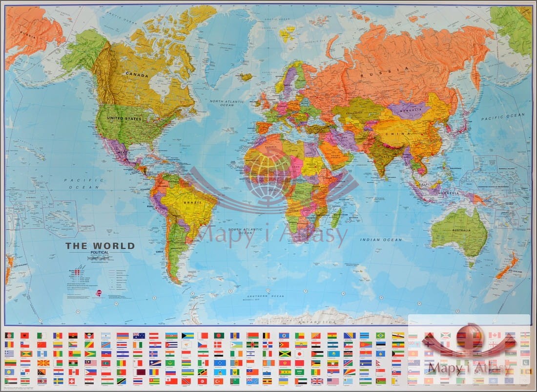 Świat 1:30 000 000. Mapa ścienna polityczna z flagami. Folia samoprzylepna. MI