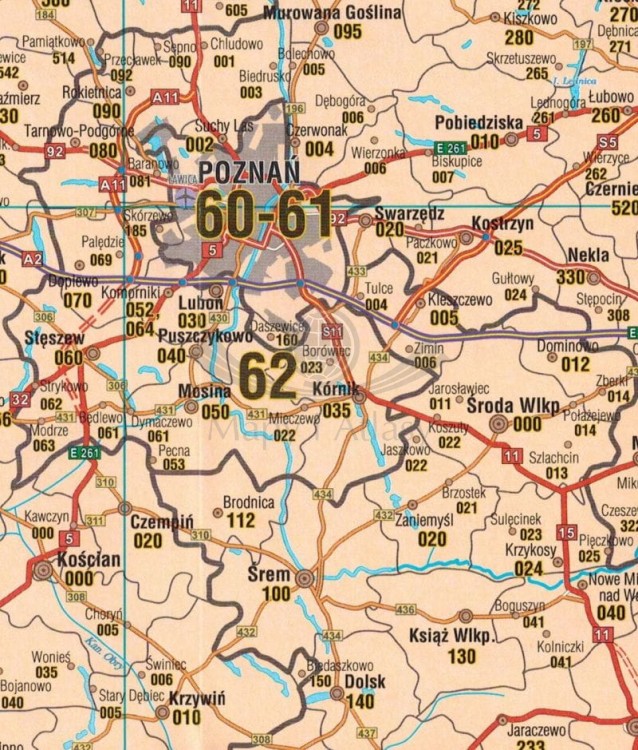 Polska 1:650 000. Mapa drogowa z kodami pocztowymi wydawnictwa Galileos. Fragment 2