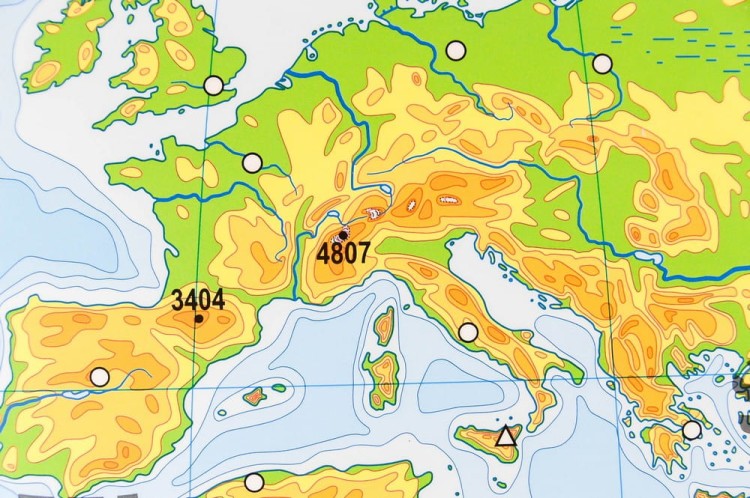 Świat ukształtowanie powierzchni 1:19 000 000. Mapa ścienna ogólnogeograficzna (fizyczna) / do ćwiczeń. Strona konturowa - fragment 1