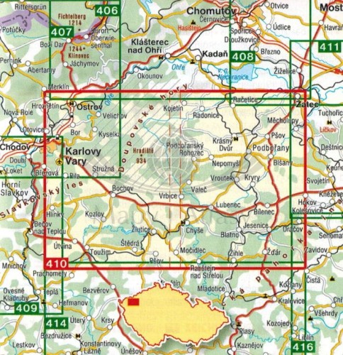 Doupovske Hory, Podboransko. Mapa turystyczna 410 wydawnictwa Shocart. Zasięg