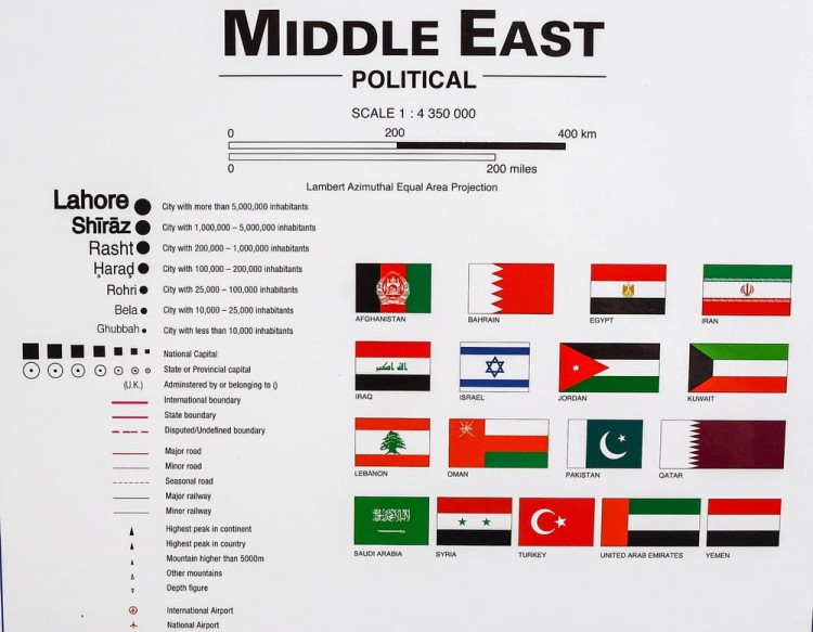 Bliski Wschód. Mapa ścienna polityczna wydawnictwa Maps International. Legenda