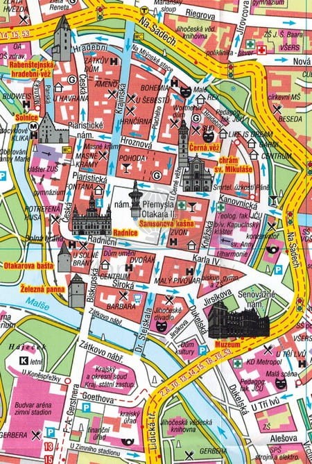 Czeskie Budziejowice, Hluboka nad Wełtawą i okolice. Plan miasta / Mapa turystyczna wydawnictwa Freytag & Berndt. Plan centrum - fragment