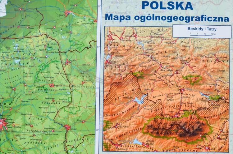 Polska. Mapa fizyczna i administracyjna. Podkładka na biurko. Fragment 11