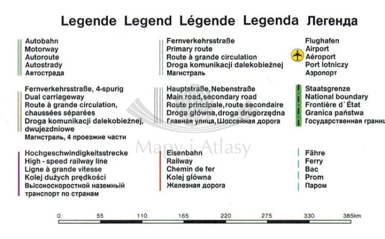 Europa 1:5 500 000. Mapa ścienna kolejowa, promy. Wydawnictwo: Freytag & Berndt. Legenda