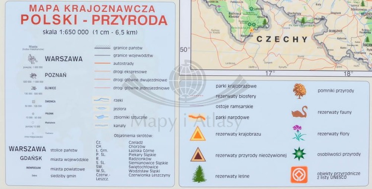 Polska. Dwustronna mapa ścienna krajoznawcza. Wydawnictwo: Meridian. Przyroda - legenda