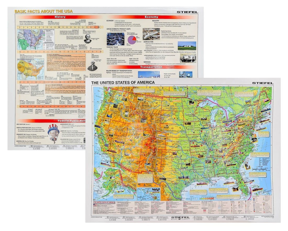 USA / Stany Zjednoczone. Dwustronna mapa ścienna. Fizyczna / podstawowe fakty. Drewniane półwałki