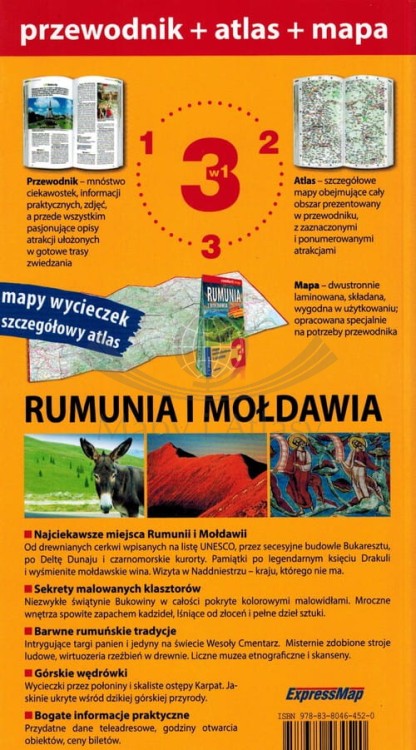 Rumunia i Mołdawia 3 w 1. Przewodnik, atlas i laminowana mapa wydawnictwa EspressMap. Okładka tył