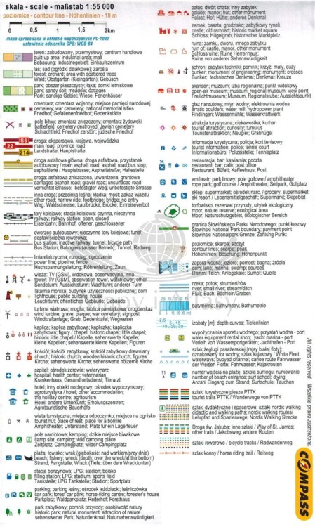 Kaszubskie Wybrzeże Bałtyku 1:55 000. Kaszuby Północne. Laminowana mapa turystyczna wydawnictwa Compass. Legenda